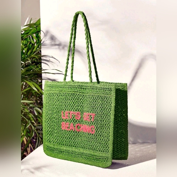 Crocheted Green Tote Bag Summer Vibes with Statement Beach Bag For Woman - Picture 3 of 6